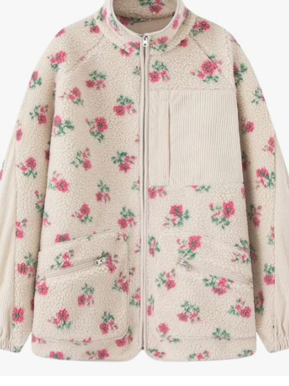 Women’s Fuzzy Sherpa Jacket Casual Floral Print Stand Collar Long Sleeve Zip Up